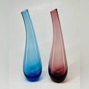 Pair of IKEA Art Glass Teardrop Bud Vases 9.5"×3”; Blue & Purple